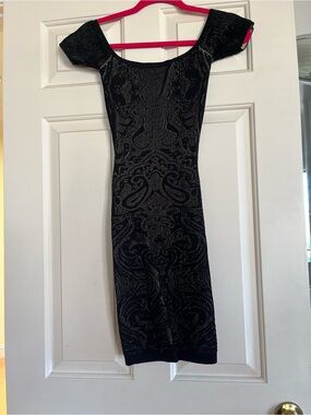 Guess Jet Black/Nude Embroidered Pattern Off-Shoulder Dress